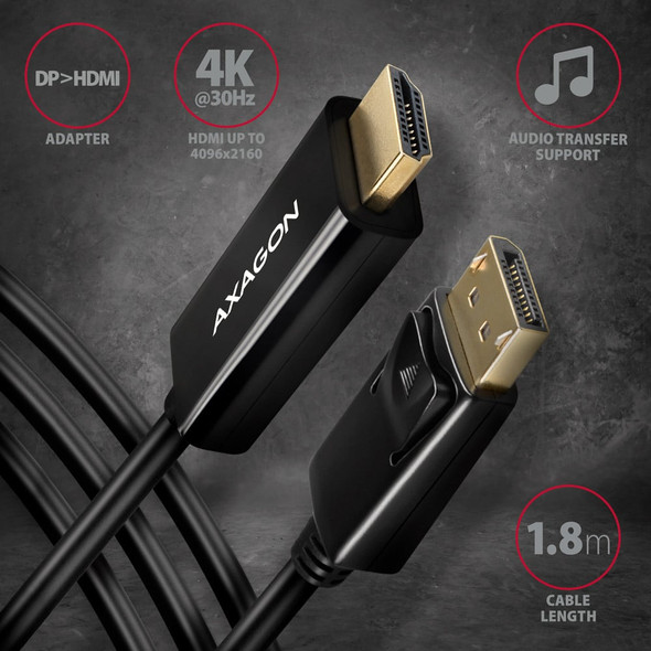 Axagon RVD-HI14C2 DisplayPort -> HDMI 1.4 cable 1.8m, 4K/30Hz – image 2