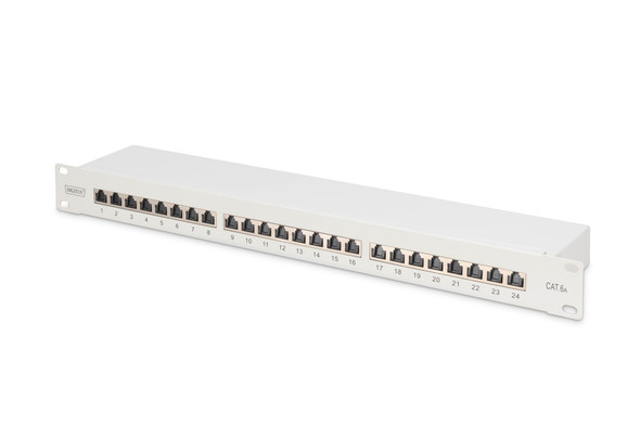 DIGITUS 24-Port Cat 6A Shielded Patch Panel, 19-inch 1U Rack Mount, LSA, Grey - DN-91624S-EA
