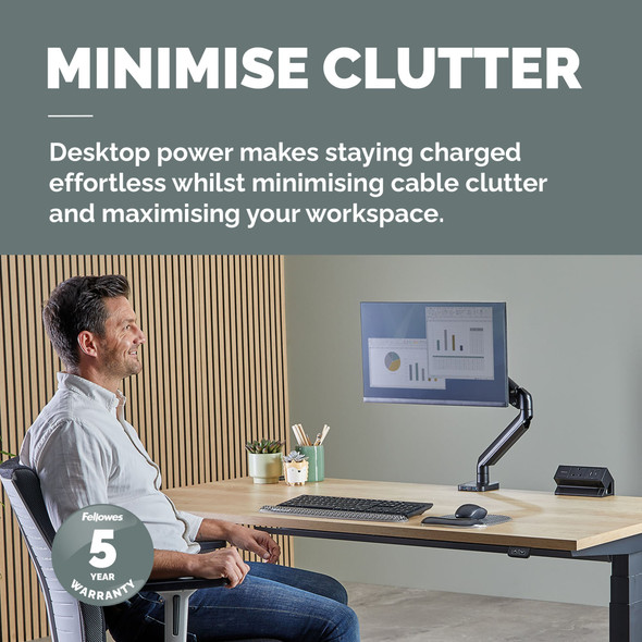 Fellowes Power Desk 2 Desktop Power Module, 2 Sockets, USB-A + 30W USB-C, Clamp Mount, Black – image 2