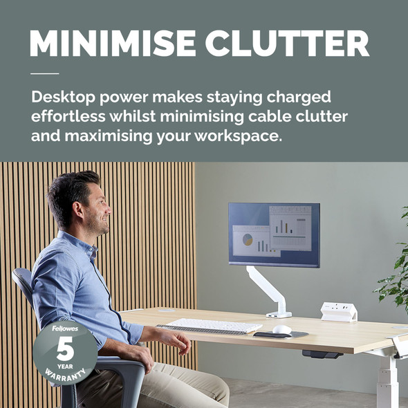 Fellowes Power Desk Clamp-On Desk Socket, 1x Power Socket, USB-A 18W + USB-C 30W, 2m Cable, White – image 2