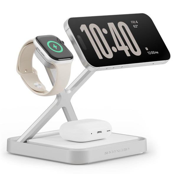 NOCO XGrid XDS3 3-in-1 Wireless Charging Stand for iPhone, Apple Watch & AirPods, White, MagSafe Compatible - XDS3W