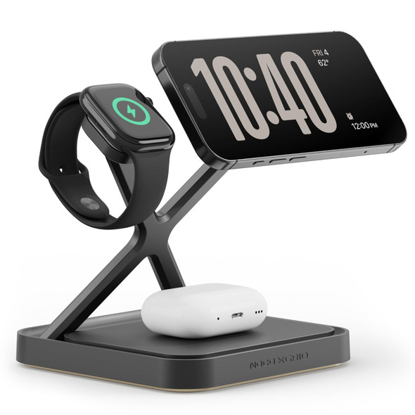NOCO XGrid XDS3 3-in-1 Wireless Charging Stand for iPhone, Apple Watch & AirPods, Black, MagSafe Compatible - XDS3B