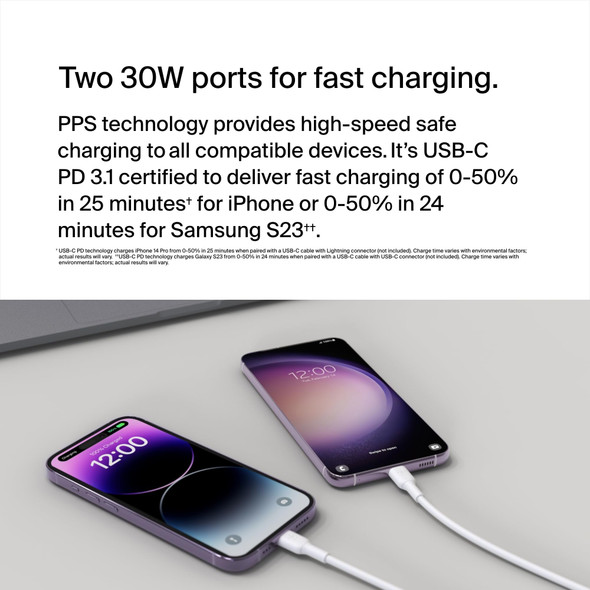 Belkin BoostCharge 60W Dual USB-C Wall Charger, 2 x 30W PD with PPS, White - WCB010MYWH – image 2