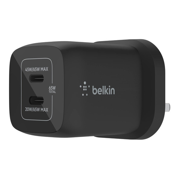 Belkin 65W Dual USB-C GaN Wall Charger, PD 3.0 with PPS, 45W + 20W, Black - WCH013MYBK