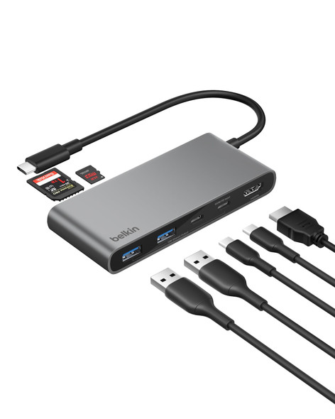 Belkin Connect 7-Port USB-C Hub, 4K 60Hz HDMI, 100W PD, Dual USB-C, SD/microSD, 5Gbps, Grey - AVC023HQSGY