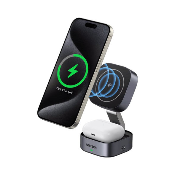 UGREEN 2-in-1 Qi2 Magnetic Foldable Charging Station, 15W, Grey (No AC Adapter) - 35316