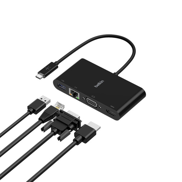 Belkin USB-C Multimedia Adapter with 4K HDMI, VGA, USB-A 3.0 & Gigabit Ethernet, Black - AVC005BTBK