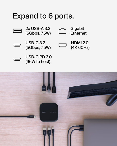 Belkin Connect USB-C 6-in-1 Core GaN Dock, 130W, HDMI 4K 60Hz, Gigabit Ethernet, USB-C & USB-A - INC018VFBK – image 2