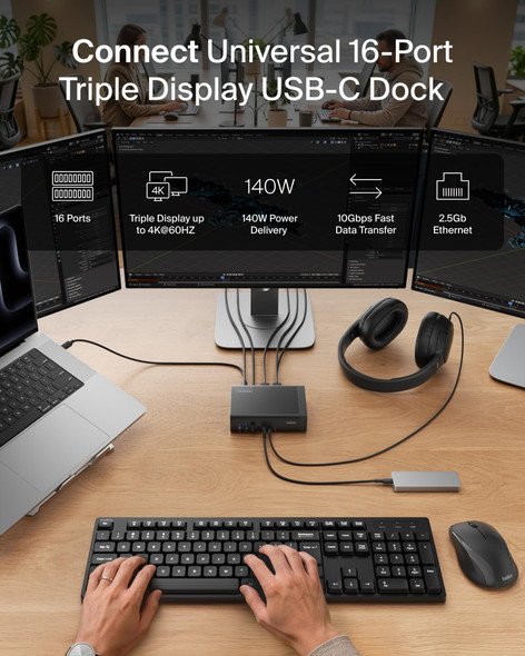 Belkin Connect 16-in-1 USB-C Triple Display DisplayLink Dock, 140W PD, 4K60, 2.5GbE - INC029KQBK – image 2