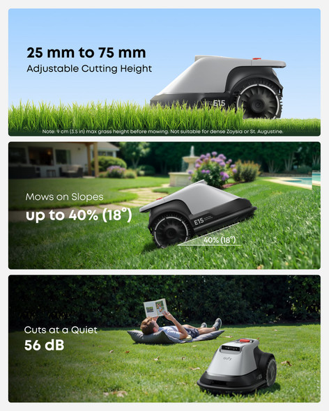 eufy Robot Lawn Mower E15, Wire-Free Vision Navigation, Lawns up to 800m², 40% Slopes, Wi-Fi and 4G App Control - T28802A2 – image 2