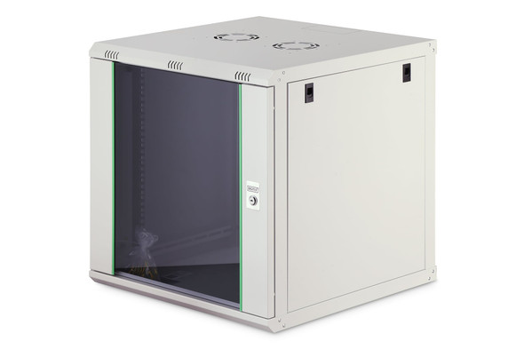 DIGITUS Dynamic Basic 12U 19" Wall Mounting Network Cabinet, 607 x 600 x 600 mm, Glass Door, 60 kg, Grey - DN1912U6/6EC