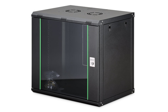 DIGITUS Dynamic Basic 12U 19" Wall Mount Network Cabinet, 607x600x450 mm, Glass Door, 60 kg, Black - DN1912UECSW