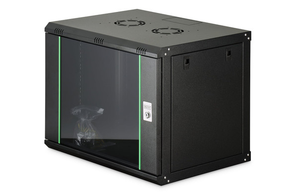 DIGITUS Dynamic Basic 9U 19in Wall Mount Network Cabinet, 474 x 600 x 450mm, Glass Door, Black RAL 9005 - DN-19 09-U-EC-SW
