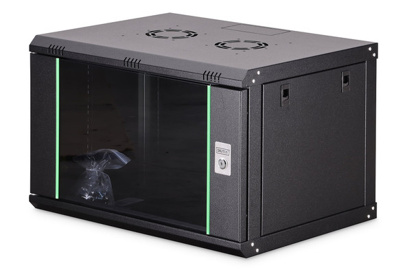 DIGITUS Dynamic Basic 7U 19" Wall Mounting Network Cabinet, 385 x 600 x 450 mm, Glass Door, 60 kg, Black - DN1907UECSW