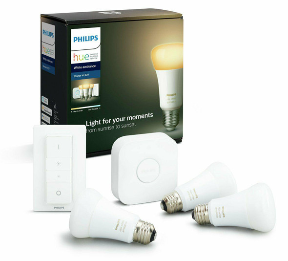 Philips Hue Kit With Hue Bridge, Dimmer & 3 White Ambience 8.5W E27 Bulbs