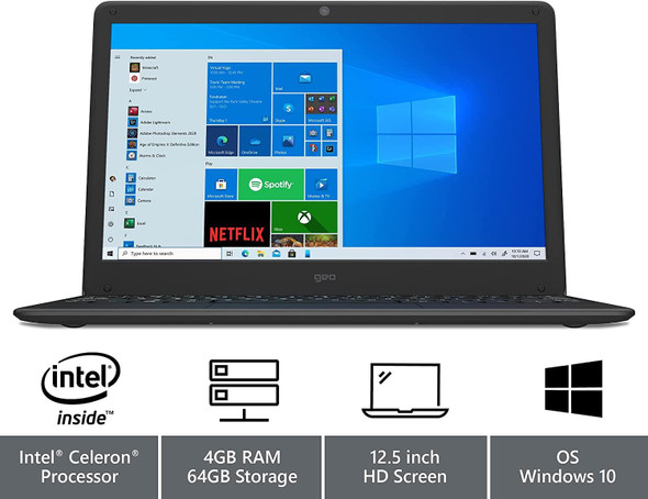 GeoBook 120 12.5" Windows 10 Laptop Intel Celeron N3450 4GB RAM 64GB eMMC Black