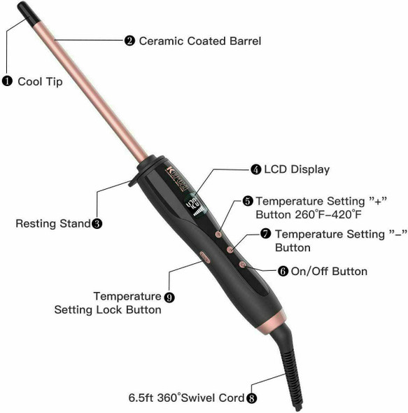 KIPOZI 3/10 Inch Ceramic Curler Thin Curling Iron Wand