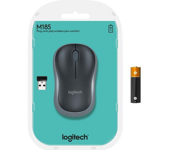 Logitech M185 Wireless Optical Mouse 2.4GHz USB Nano Receiver Ambidextrous Grey