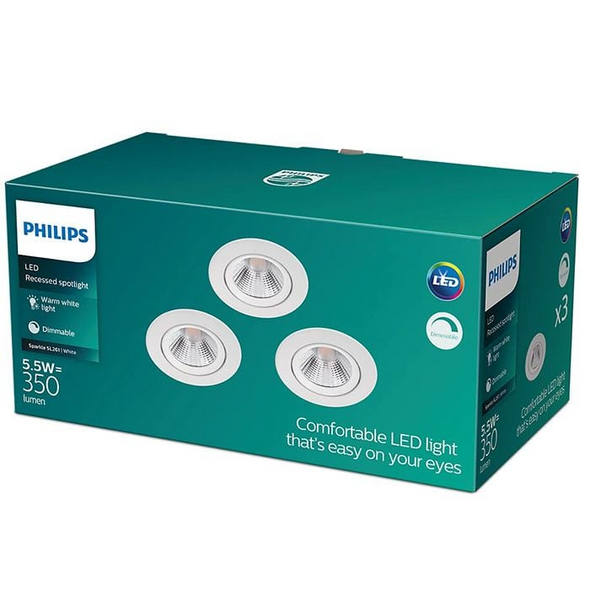 Philips Sparkle LED Recessed Downlight 70mm Dimmable Spot Nickel 5.5W, Pack of 3 Philips Sparkle LED Recessed Downlight 70mm Dimmable Spot Nickel 5.5W, Pack of 3