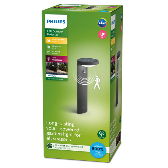 Philips Tyla Solar LED Outdoor Pedestal Light with Motion Sensor Anthracite IP44 Philips Tyla Solar LED Outdoor Pedestal Light with Motion Sensor Anthracite IP44