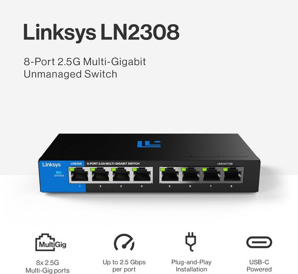 Linksys LN2308-KE 8-Port 2.5G Multi-Gig Unmanaged Switch Metal Fanless 12K Jumbo