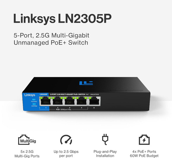 Linksys 5-Port 2.5G Multi-Gig Unmanaged PoE+ Switch Metal Fanless – image 2