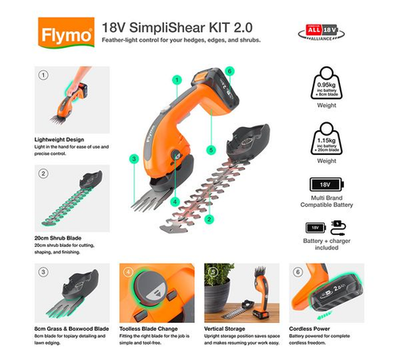 Flymo SimpliShear 18V Cordless Shrub Grass Shear Trimmer Kit