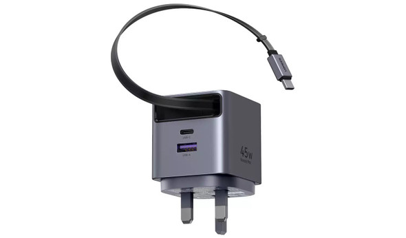 Ugreen Nexode Pro 45W GaN Fast Charger with Retractable USB-C Cable - Grey
