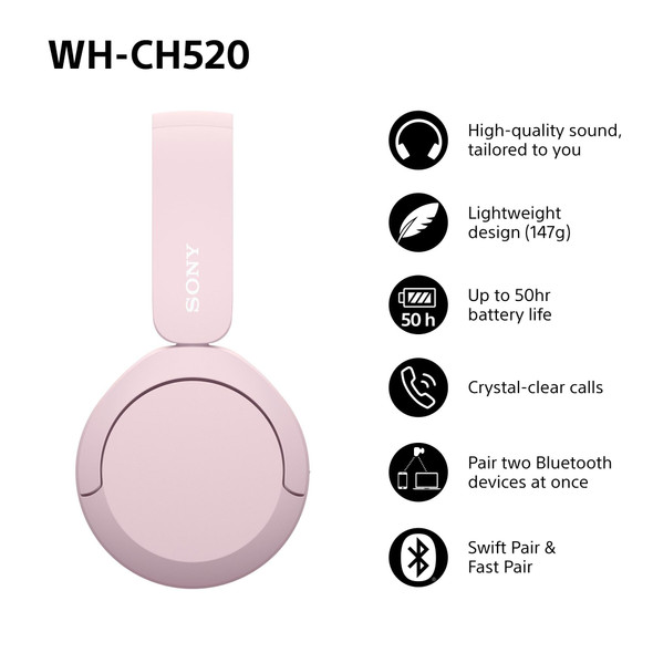 Sony WH-CH520 Wireless Bluetooth On-Ear Headphones Pink Lightweight 50hr Battery – image 2