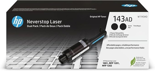 HP 143AD Black Original Neverstop Toner Reload Kit W1143AD Dual Pack Genuine