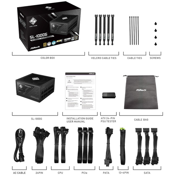 ASRock Steel Legend SL-1000G 1000W ATX Power Supply Unit, 80 Plus Gold Certified, 120mm Silent Cooling Fan, High Efficiency PSU