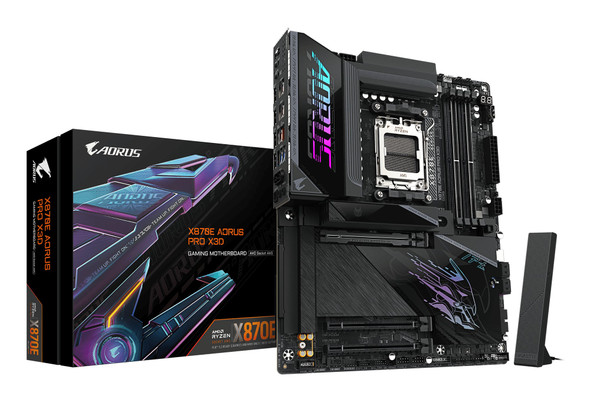 Gigabyte X870E AORUS PRO X3D AMD AM5 Socket Motherboard, ATX, 4x DDR5 Slots, 4x M.2 Sockets, Fitted I/O Shield, 5GbE LAN, Wi-Fi 7, 1x HDMI Port / 2x USB-C (USB4)