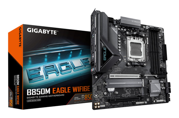Gigabyte B850M Eagle WIFI6E AMD AM5 Socket Motherboard, Micro-ATX, 4x DDR5 Slots, 2x M.2 Sockets, Fitted I/O Shield, 2.5GbE LAN, Wi-Fi 6E, 2x DisplayPorts / 1x HDMI Port