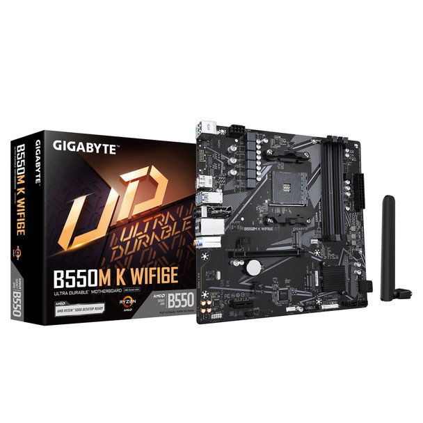Gigabyte B550M K WIFI6E AMD AM4 Socket Motherboard, Micro-ATX, 4x DDR4 Slots, 2x M.2 Sockets, GbE LAN, Wi-Fi 6E, 1x DisplayPort / 1x HDMI Port