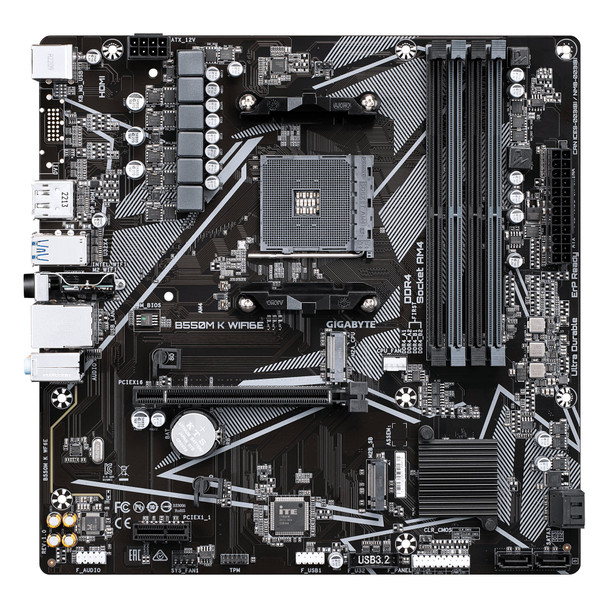 Gigabyte B550M K WIFI6E AMD AM4 Socket Motherboard, Micro-ATX, 4x DDR4 Slots, 2x M.2 Sockets, GbE LAN, Wi-Fi 6E, 1x DisplayPort / 1x HDMI Port
