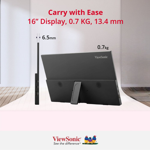 Viewsonic VA1650 16 inch USB-C Lightweight Portable IPS Monitor, Full HD, 60Hz, HDMI (v1.4), VESA, Built in Foldable Stand