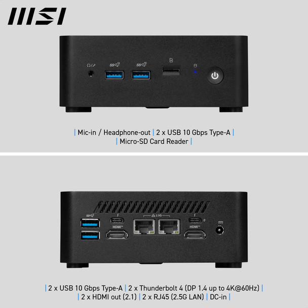 MSI Cubi NUC 1M, Intel Core 5 120U (14th Gen) Barebone, Intel Graphics, 2x DDR5 Slots, Dual ThunderBolt 4, Dual HDMI, Dual LAN, WiFi 6E, BT 5.3 with VESA Mount and Keyboard & Mouse
