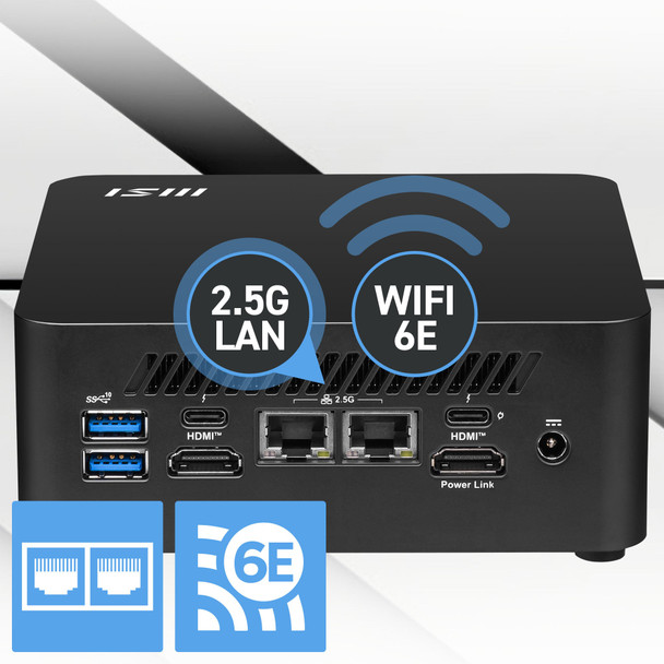 MSI Cubi NUC 1M, Intel Core 5 120U (14th Gen) Barebone, Intel Graphics, 2x DDR5 Slots, Dual ThunderBolt 4, Dual HDMI, Dual LAN, WiFi 6E, BT 5.3 with VESA Mount and Keyboard & Mouse
