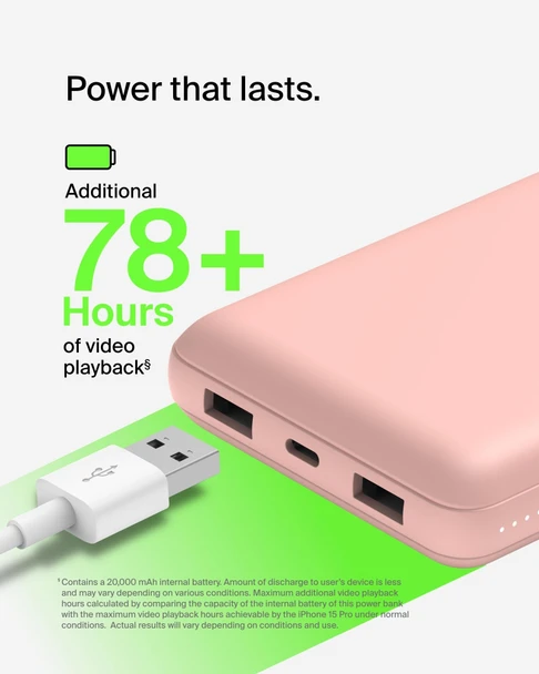 Belkin BoostCharge 20000mAh Power Bank 15W USB-C 2x USB-A Portable Rose Gold