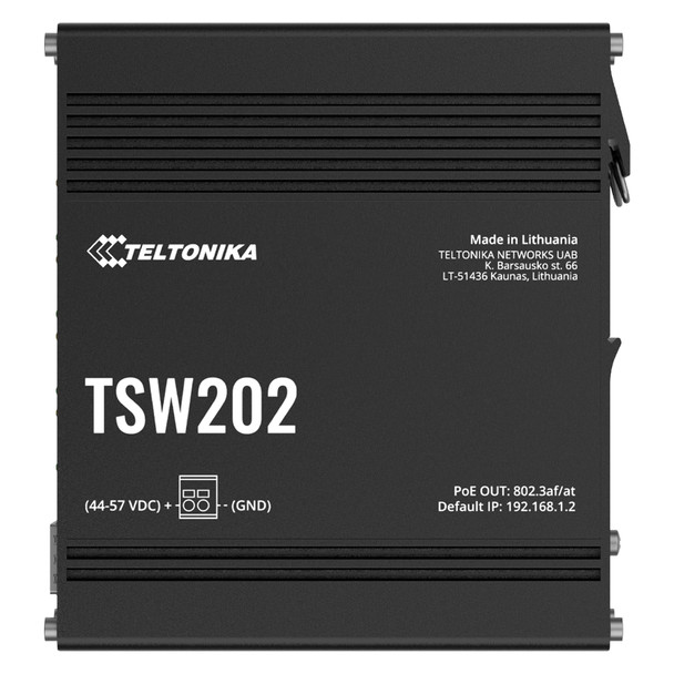 Teltonika TSW202 Managed PoE+ switch, 8 x Gigabit Ethernet, 2 x SFP, Profinet certified, integrated DIN rail bracket, durable design
