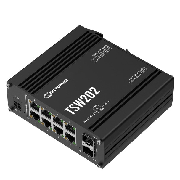 Teltonika TSW202 Managed PoE+ switch, 8 x Gigabit Ethernet, 2 x SFP, Profinet certified, integrated DIN rail bracket, durable design – image 3