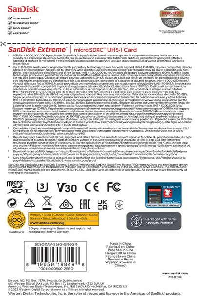 SanDisk 256GB Extreme microSDXC card for Mobile Gaming, up to 190MB/s, with A2 App Performance, UHS-I, Class 10, U3, V30