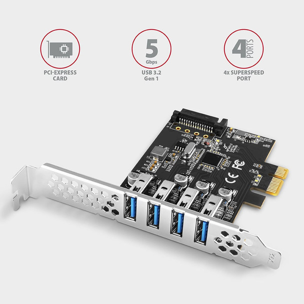 Axagon PCEU-43RS PCIe card - 4x USB 5 Gbps port, dual power, Renesas PD720201, SP & LP