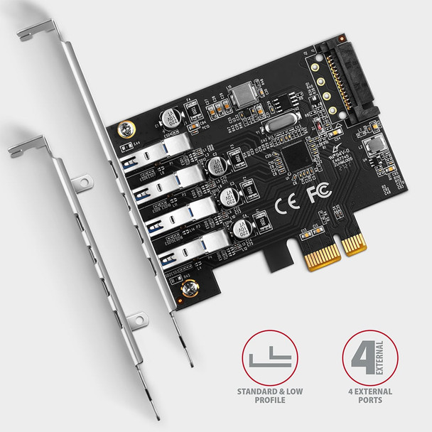 Axagon PCEU-43RS PCIe card - 4x USB 5 Gbps port, dual power, Renesas PD720201, SP & LP