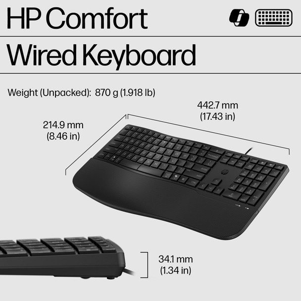 HP 485 Comfort Ergonomic Wired USB Keyboard with Wrist Rest UK Layout PC Mac – image 3