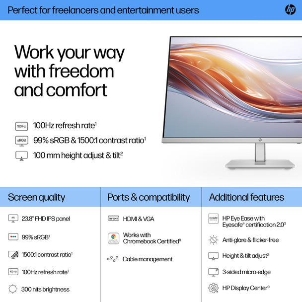 HP Series 5 524sh 23.8" FHD IPS Monitor 100Hz Height Tilt Adjust HDMI VGA White – image 8