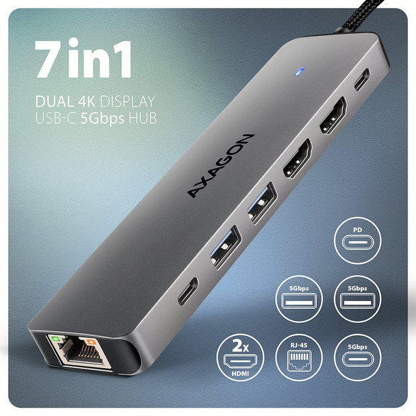 AXAGON HMC-7HX2 USB-C 7-in-1 Docking Station Dual HDMI Gigabit Ethernet 100W PD - HMC-7HX2 – image 2