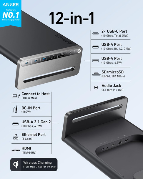 Anker 675 USB-C Docking Station 12-in-1 Monitor Stand, 100W PD, 4K HDMI, Wireless Charging, Ethernet - A83772Z1 – image 2