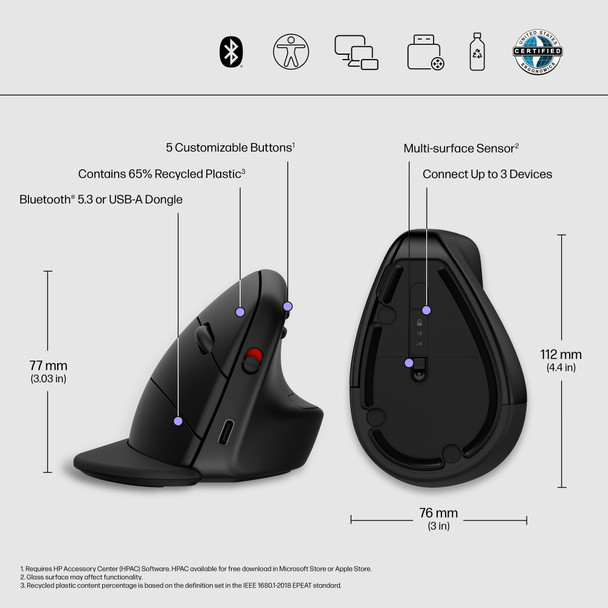 HP 925 Ergonomic Vertical Mouse, Wireless + Bluetooth 5.3, 4000 DPI, Rechargeable - 6H1A5AA#ABB – image 3