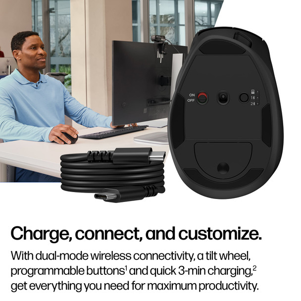 HP 725M Tilt Ergonomic Wireless Mouse, 21° Semi-Vertical, 6000 DPI, Bluetooth + Dongle, Black - BH0Z5AA#ABB – image 2